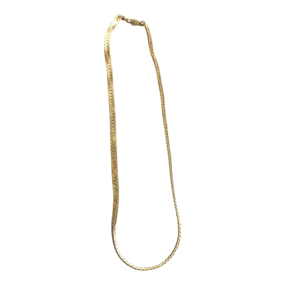 Vintage Gold Tone Herringbone Chain Necklace, Classic Flat Snake Chain, 8 Inch